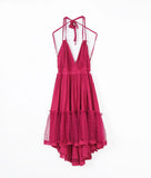MQTIME  -  Sexy Backless Lace Halter Dress Summer femme V Neck Mini Party Dress Ruffle Lace Up Back Beach Sundress