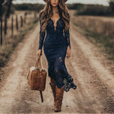 MQTIME  -  Women Long Sleeve Floral Lace Bodycon Maxi Dress Sexy V Neck See Through Sheer Beach Vacation Dress Elegant Cocktail Party Dress