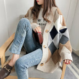 MQTIME  -  Women Argyle Plaid Knit Cardigan V Neck Long Sleeve Button Open Front Loose Sweater Coat Tops for Woman Casual Autumn Daily Wear