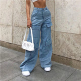 Mqtime Jeans women New large pocket baggy wide-leg pants Washed blue denim pants Vintage high-waisted street fashion cargo jeans