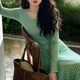MQTIME  -  Women Striped Round Neck Long Sleeve Maxi Dress Slim Fit Spring Autumn New Korean Basic Flared Hem Fashion Casual Long Dresses