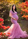 MQTIME  -  Elegant Mauve Lace Tulle Patchwork Maternity Mermaid Dress Photoshoot Short Sleeved Pregnant Fishtail Dresses Bride Gown