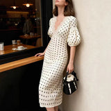 MQTIME  -  Fashion Puff Sleeve French Style Party Dress Elegant High Waist Satin Polka Dot Print Dress Lace V-neck Sexy Slim Banquet Dress