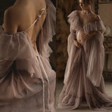 MQTIME  -  Grey Maternity Dresses Puffy Ruffles Tulle Pregnant Women Prom Gowns Customized Photoshoot Front Slit Babyshower Dress