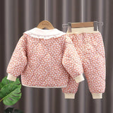 MQTIME  -  Baby Girls Cotton-Padded Jacket Set Winter Thick Warm Floral Print Quilted Coat+ Pants 2 Piece Set Cute Kids Casual Clothes