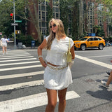 MQTIME  -  Casual Ruched Shirt Skirt Sets Women O-neck Short Sleeve Crop Blouses Spliced A-line Skirts 2025 Summer Lady Vacation Outfits