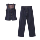 MQTIME  -  Vest Jeans Set Women Square Collar Sleeveless Single Breasted Tank Top High Waist Denim Straight Pant 2025 Summer Lady Slim Suit