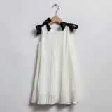  MQTIME  -  Girls White Pleated Dress With Lining Summer New Baby Girl Sleeveless Splicing Bow Vacation Loose Elegant Princess Dresses