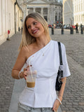 MQTIME  -  Pure White One Shoulder Asymmetric Blouse Women's Chic Ruched Bust Minimalist Sleeve Tops Lady Fashion Dating Night T-shirt