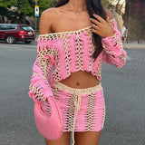 MQTIME  -  Casual V Neck Crochet Top & Mini Skirts Set Sexy Hollow Jacquard Women's Outfit Retro Contrast Color Long Sleeve Knitted 2 Piece