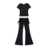MQTIME  -  Woman 2 Piece Set Outfit Solid Color Short-sleeved T-shirt Lace-up Bootcut Culottes Long Pants Two Piece Outfits Simple Style