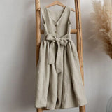 MQTIME  -  Vintage Cotton Linen Girls Sleeveless Dress Chic Open Back Buttons Bandage Bow Sweet Loose Wending Evening Party Dresses