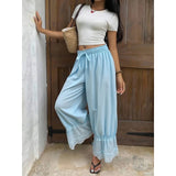 MQTIME  -  Women Mesh See-through Floral Lace Patchwork Ruffle Hem Bloomer Pants Loose Drawstring Elastic Waist Cropped Trousers
