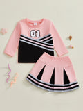 MQTIME  -  Girls 2PCS Cheerleader Costume Set with Long Sleeve O Neck Top and Pleated Skirt in Contrast Colors for Performance