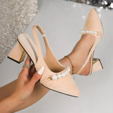 MQTIME  -  Luxury Pearl Chain Suede Slingback Pumps Women Summer Elegant Pointed Toe High Heel Pumps Plus Size Women Party Dress Shoes
