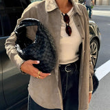 MQTIME  -  Vintage Brown Suede Shirt Fall-winter Small Loose Midi Cardigan Top Women