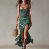  MQTIME  -  New Women's Bohemian Retro Ruffled Sleeveless Strap High-Split Dress