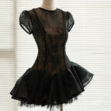 MQTIME  -  Vietnamese Niche Designer Dress for Women's 2025 Summer Fresh Wind Lace Slim-fitting Puff Dress Small Slim-fitting Black Dresses