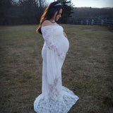  MQTIME  -  Maternity Off Shoulder Lace Maxi Dress Bell Sleeves Pregnant Long Gown Dresses For Photoshoot Baby Shower
