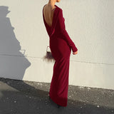 MQTIME  -  Sexy Backless Solid Slim Banquet Dress Lady Elegant Long Sleeve Split Evening Dress Autumn New Pleated O-neck Party Maxi Dresses