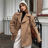 MQTIME  -  Elegant Medium Coats Women Turn-down Collar Full Sleeve Double Breasted Pocket Parka 2025 Autumn Chic Female Casual Outerwear