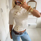 MQTIME  -  Womens Chinese Style Qipao Stand Collar Blouse Vintage Floral Print Short Sleeve Slim Shirts Y2k Hollow Out Tops