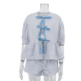 MQTIME  -  Women's Casual Striped 2 Piece-Set Shorts Contrast Bow Lace-Up Cardigan Loose Shorts Daily Party Fashion Female Sets New