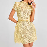 MQTIME  -  Yellow Bow Tie Up Banquet Dresses Fashion Perspective Lace Women's Party Dress New Elegant O Neck Short Sleeved High Waist Dress