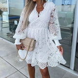 MQTIME  -  Sexy Hollow Out Long Sleeved Waist Office Dress New Spring Lace Patchwork Dress Chic Women O-neck Pearl Button Solid Mini Dress