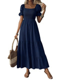MQTIME  -  Elegant Plus Size Women's Solid Color Waist Cinching Slimming Dress Summer Loose Fit Long Sleeve Maxi Dress Stylish Casual Wear