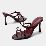  MQTIME  -  Luxury Burgundy Heeled Sandals Women Double Bow Decoration Backless High Heels Ladies Elegant Party Designer Stiletto Slippers