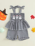 MQTIME  -  Toddler Boy Thanksgiving Romper Plaid Turkey Smocked Tie-up Spaghetti Strap Shorts Jumpsuit for Autumn Winter