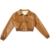  MQTIME  -  Fashion Retro Lapel Short Leather Jacket Women Full Sleeve Zipper Pocket Cropped Jackets Lady Daily Highstreet Outerwear