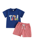 MQTIME  -  Adorable Baby Boys Summer Outfits with Cute Animal Embroidery Short Sleeves T-Shirt and Comfortable Plaid Shorts - 2 Piece