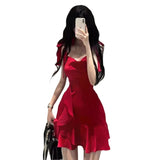 MQTIME  -  Pure Lust Style Hot Girl Red Slip Dress Women's Summer New Design Sense Niche Temperament Waist Cinched Thin Short Skirt