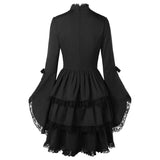 MQTIME  -  Women Medieval Renaissance Bandage Black Dress Elegant Tunic Party Dress Ladies Flare Sleeve Lace Trim Cosplay Mini Dress