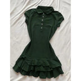 MQTIME  -  Korean Grey Waist Cinched Dress Women Summer New Slim Fit Cake Ruffle Hem A‑Line Mini Dress Fashion Dresses
