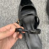 MQTIME  -  Sling Back Black Flats Shoes Women Pointed Toe Low Heels Elegant Mary Janes Glossy Pu Leather Buckle Strap Soft Ladies Shoes