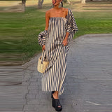 MQTIME  -  Fashione Strapless Backless Formal Banquet Dress Elegant Batwe Sleeve Slit Tube Dress Retro Striped Printed Off Shoulder Dress