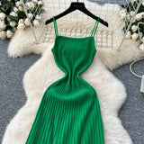 MQTIME  -  Summer New Knitted Pleated Long Dress High Waist Midi Sling Dresses Elegant Sleeveless Women Streetwear Black Bodycon Vestidos