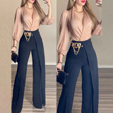 Mqtime Fashion Office Contrast Color Set Office Spring Women SuitsLady Sexy Solid Color V-Neck Tops + Long Suit Pants Sets