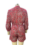MQTIME  -  Women Summer Long Sleeve Playsuit with Waist Elastic Band Casual Stand Collar Pocket Loose Wide Leg Short Jumpsuit