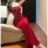MQTIME  -  Women's Pure Desire Wind Red Lace Waist Dress Dress