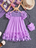 MQTIME  -  Girls Summer Mesh Splicing Three-dimensional Flower Fashion Princess Dress with Crossbody Bag Dress