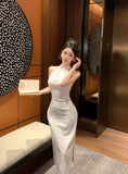 MQTIME  -  Woman Dress Vintage Sleeveless Stand Collar Elegant Slim Split Summer Fashion Temperament Ladies Party Dress Ladies