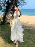 Mqtime Elegant Irregular Ruffles Long Dress Women Summer Beige Solid Spaghetti Strap Beach Vocation Korean Chic Female Vestidos New