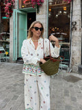 MQTIME  -  Flower Print Trousers Suits Women 2 Pcs Casual Turn Down Collar Long Sleeve Lady Shirt Sets Wide Leg Pants New Chic Spring