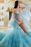 MQTIME  -  Fairy Blue Maternity Dresses Photoshoot Fluffy Tulle Puff Sleeves Elegant Maternity Dress for Pregnant Woman Babyshower Gowns