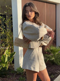 MQTIME  -  Women Autumn Winter Elegant Shorts Set Two Pieces Set Crop Single Breasted Long Sleeves Jacket Coat Female Chic Shorts Suit