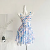 MQTIME  -  Sweet Coquette Chiffon Floral Print Cami Strap Ruched Bust A Line Mini Dress Women Girls Summer Beach Vacation Party Daily Wear